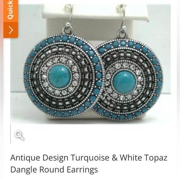 Turquoise and white topaz dangle round earrings - Picture 5 of 6